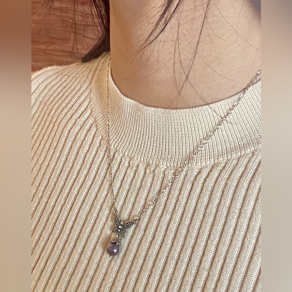Sterling Silver Freshwater Purple Pearl Butterfly Pendant Necklace
